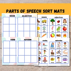 Parties d'activité sur les tapis de tri vocalique avec images, noms, adjectifs, verbes, adverbes, version imprimable, classe Montessori, ressources pour l'école à la maison