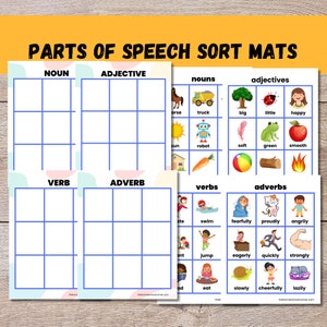 Parts of Speech Sorting Mats Activity with Images, Nouns, Adjectives, Verbs, Adverbs, Printable, Montessori Classroom, Homeschool Resources