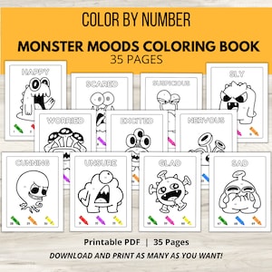Color By Number Emotions Coloring Book, Monster Moods Coloring Pages, Therapy Worksheets, Emotion Faces, Kids Emotions, Printable