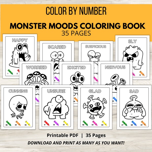 Emotions Coloring Book, Monster Moods Coloring Pages, Kids Mental Health, Kids Feelings, Kids Emotions, Printable Color By Number Sheets