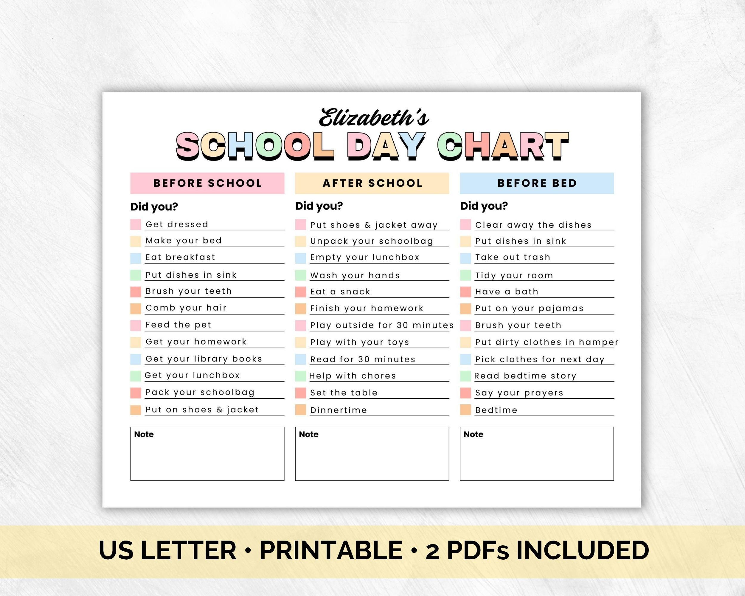 School Day Chart, Kids Chore Chart, Daily Checklist, To Do List, Task Tracker, Visual Schedule, Before & After School, Before Bed, Printable