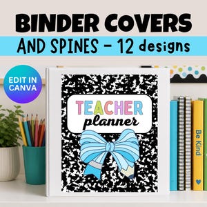 Puede incluir: Una carpeta blanca con un diseño moteado en blanco y negro y un gráfico de lazo azul. La portada de la carpeta dice "TEACHER planner" en colores pastel. La imagen también muestra un portalápices turquesa, lápices de colores y una pila de cuadernos coloridos.