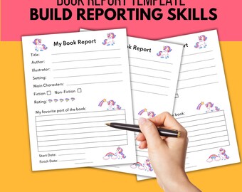May include: A stack of printable book report templates with unicorn illustrations. The templates include fields for title, author, and rating. The text at the top reads "BOOK REPORT TEMPLATE BUILD REPORTING SKILLS". The bottom text reads "Printable PDF | Instant Download DOWNLOAD AND PRINT AS MUCH AS YOU WANT!"
