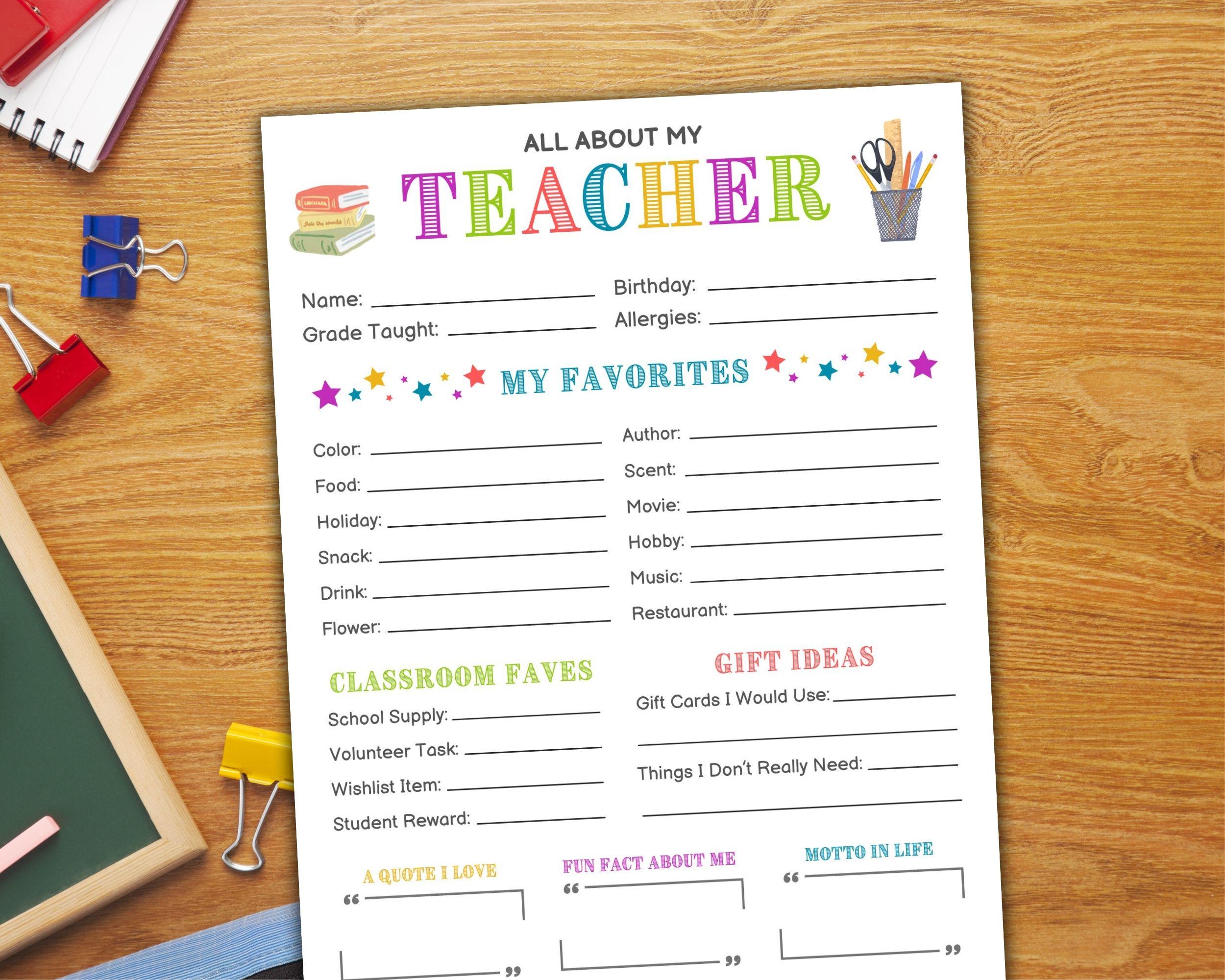 Teacher Favorites Survey: Printable Questionnaire (PDF Download) - Etsy