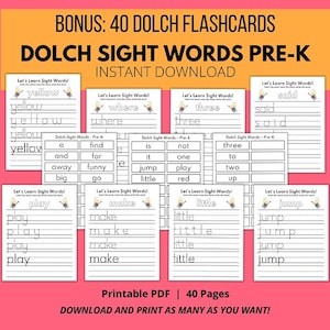 40 Printable Dolch Pre-K Sight Words Worksheets, Bonus Pre-K Sight Word Flashcards, Pre-K Sight Words, Preschool Sight Words, Reading