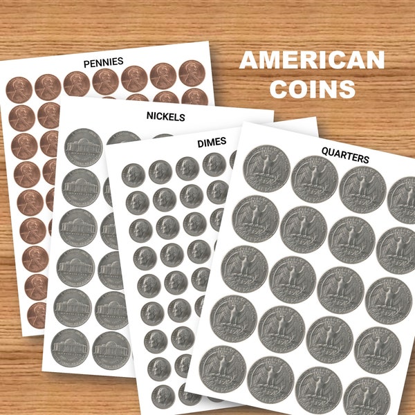 Printable American Coins, US Currency Coins, Play Money Coins, Toy Coins, Fake Cash, Pretend Classroom Money, Party, Front and Back Sides