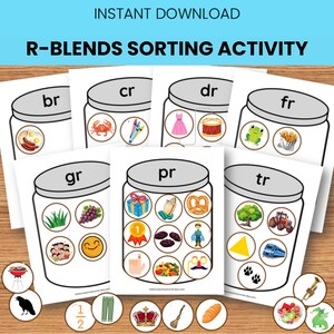 May include: A printable educational resource, "R-Blends Sorting Activity," is displayed. The image shows cards with illustrations inside jars, each labeled with a blend like "br," "cr," and "dr." Additional images of objects are included, such as a crab, a dress, and a pretzel.