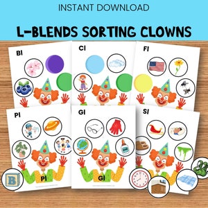 L ブレンドの分類アクティビティ、最初の子音ブレンド Bl Cl Fl Gl Pl Sl、最初の音、ESL 印刷物、モンテッソーリ教材、言語