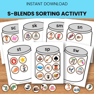 May include: Printable educational resource, "S-Blends Sorting Activity." The image displays cards with jars labelled "sc," "sk," "sm," "sn," "st," "sp," and "sw." Each jar contains illustrations of objects beginning with those blends, including a boy, a scale, and a skeleton.