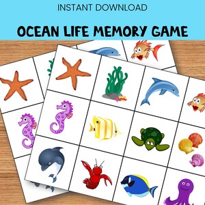 Juego de memoria Ocean Life, imágenes coincidentes, imprimibles preescolares, tarjetas coincidentes, tarjetas didácticas de vida marina, actividad de animales marinos, juegos para niños pequeños