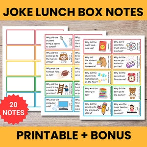 May include: A set of printable joke lunch box notes featuring twenty colorful rectangular cards with various illustrations and text, including a red starburst graphic labeled 20 NOTES, presented on a white background with a wood grain texture.