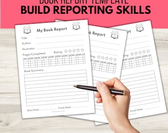 May include: White book report templates with fillable fields for title, author, and summary. The text "BOOK REPORT TEMPLATE BUILD REPORTING SKILLS" is at the top. The phrase "Printable PDF | Instant Download DOWNLOAD AND PRINT AS MUCH AS YOU WANT!" is at the bottom.