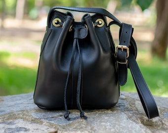 Black Woman Leather Bucket Bag,Crossbody Bag,Shoulder Bag,Black Bucket Bag,Casual Bucket Bag,Pouch bag,Made in Greece