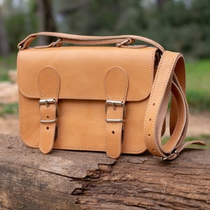Natural Color,Handmade Small Satchel Bag, Old School Bag, Shoulder Bag, Handle bag, Crossbody bag, Cowhide Genuine Leather image 1