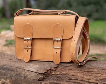 Natural Color,Handmade Small Satchel Bag, Old School Bag, Shoulder Bag, Handle bag, Crossbody bag, Cowhide Genuine Leather