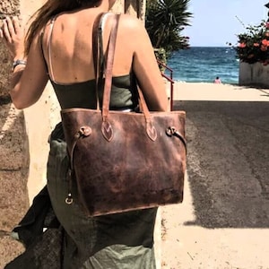 Brown Tote Bag Leather, Woman Leather Purse, Shopping Bag, Shoulder bag, Genuine Leather Bag, Vintage Bag,Extra Large bag ,Gift For Her