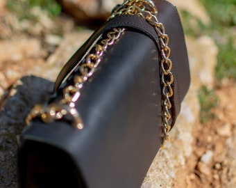 Handmade Leather Bag With Golden Chain Strap, Genuine