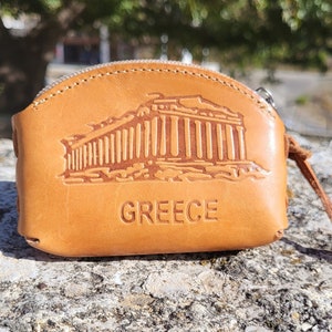 Bolsa de dinheiro de couro, carteira com zíper artesanal, couro genuíno, bolsa de dinheiro vintage, carteira feita na Grécia, carteira fina com chaveiro
