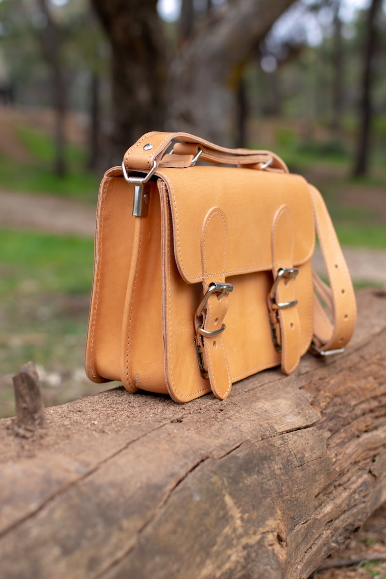 Natural Color,Handmade Small Satchel Bag, Old School Bag, Shoulder Bag, Handle bag, Crossbody bag, Cowhide Genuine Leather image 4