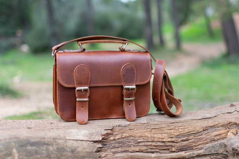Natural Color,Handmade Small Satchel Bag, Old School Bag, Shoulder Bag, Handle bag, Crossbody bag, Cowhide Genuine Leather image 2