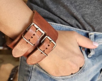 Brown Unisex  Leather Bracelet, Handmade Cuff Bracelet with two buckles