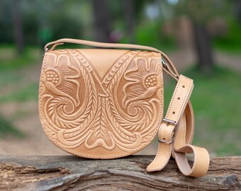 Crossbody Bag For Woman ,Embossed with Floral,Shoulder Bag,Genuine Leather, Handmade Cow Leather,Vintage-Retro Stylish,Gift For Her