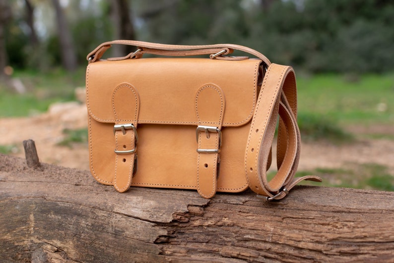 Natural Color,Handmade Small Satchel Bag, Old School Bag, Shoulder Bag, Handle bag, Crossbody bag, Cowhide Genuine Leather image 1