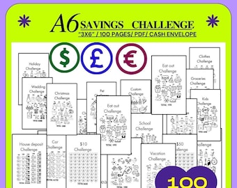 A6 Savings Challenge: 100 Printable Trackers, Funds Bundle (PDF)