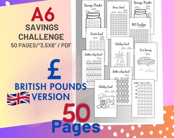 A6 British Pounds  savings challenge, Cash binder, cash envelope, 3,5x6 inches, 50 pages,pdf