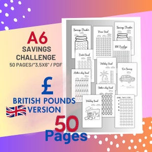A6 British Pounds  savings challenge, Cash binder, cash envelope, 3,5x6 inches, 50 pages,pdf