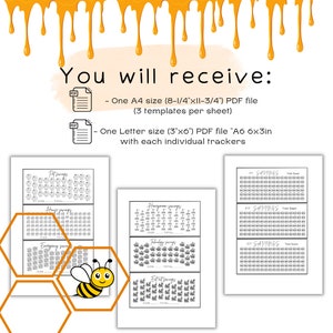 Op de afbeelding: Een afdrukbaar PDF-bestand met drie honingraat-spaar-tracker-sjablonen. De sjablonen zijn ontworpen voor papier in letterformaat en bevatten een bij-illustratie. De tekst op de pagina luidt "Honeycomb Savings".