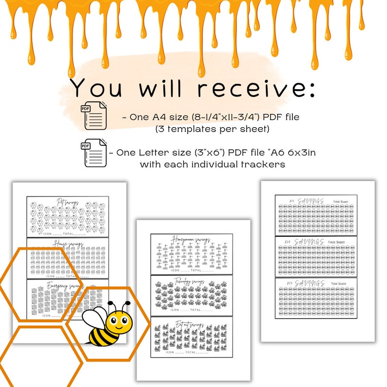 Op de afbeelding: Een afdrukbaar PDF-bestand met drie honingraat-spaar-tracker-sjablonen. De sjablonen zijn ontworpen voor papier in letterformaat en bevatten een bij-illustratie. De tekst op de pagina luidt "Honeycomb Savings".