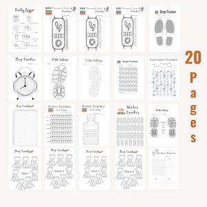 May include: A printable set of 20 pages for tracking fitness goals. The pages include trackers for steps, sleep, water intake, and exercise. There are also challenges for 20, 50, and 100 miles. The pages are black and white with a simple design.
