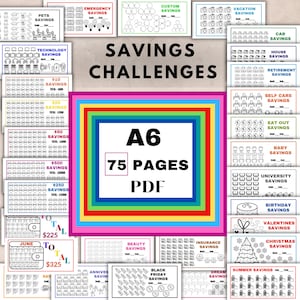 A6 Saving Challenges,  Print A6 Saving challenge, A6 Cash binder & Envelope, A6 Saving Funds Bundle, 75 Pages, Digital Download PDF,6x3 inch