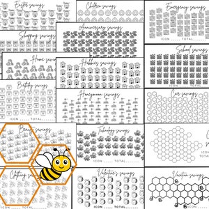 Op de afbeelding: Een printbare spaarplanner met een honingraatontwerp. De planner bevat categorie&euml;n voor verschillende spaardoelen, zoals Pasen, winkelen, huis, verjaardag, kinderen, jubileum, hobby's, huwelijksreis, technologie, Valentijnsdag, noodgevallen, school, auto en vakantie. Elke categorie heeft een raster met bijenpictogrammen om de besparingen bij te houden.