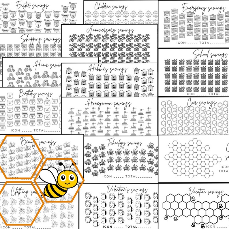 Op de afbeelding: Een printbare spaarplanner met een honingraatontwerp. De planner bevat categorie&euml;n voor verschillende spaardoelen, zoals Pasen, winkelen, huis, verjaardag, kinderen, jubileum, hobby's, huwelijksreis, technologie, Valentijnsdag, noodgevallen, school, auto en vakantie. Elke categorie heeft een raster met bijenpictogrammen om de besparingen bij te houden.