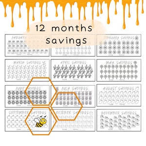 Op de afbeelding: Een printbare 12-maanden spaarplanner met een honingraatontwerp. Elke maand heeft een ander pictogram, zoals een sneeuwvlok voor februari, een bij voor september en een ananas voor juli. De planner is ontworpen om mensen te helpen het hele jaar door geld te sparen.