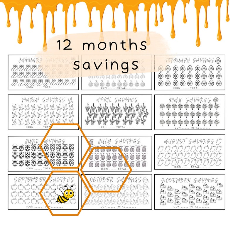 Op de afbeelding: Een printbare 12-maanden spaarplanner met een honingraatontwerp. Elke maand heeft een ander pictogram, zoals een sneeuwvlok voor februari, een bij voor september en een ananas voor juli. De planner is ontworpen om mensen te helpen het hele jaar door geld te sparen.