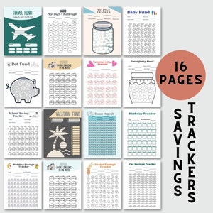 May include: A set of 16 printable savings trackers with various themes, including travel, baby, pet, school, vacation, house deposit, birthday, wedding, and Easter. Each tracker features a unique illustration and a grid of circles to track savings progress.