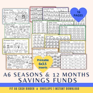 May include: A set of 16 printable A6 savings fund trackers for each month of the year. The trackers feature black and white illustrations of seasonal themes, such as snowflakes, flowers, and pumpkins. The text "Printable 6x3.5 inserts" is included in the image.