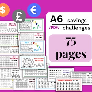 May include: A set of A6 savings challenge printables, 75 pages in total. The designs feature themes such as school, Christmas, and pets, with total savings amounts displayed. Currency symbols for pounds, dollars, and euros are also visible.