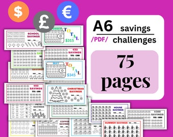 A6 Savings Challenge Bundle: 75 Printable Trackers (Digital PDF) dollar,pound,euro