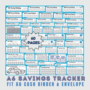 May include: A blue and white printable A6 savings tracker with 60 pages. The tracker includes various saving challenges, such as $1, $2, $5, $10, $15, $20, $25, $30, $50, $100, $150, $200, $250, $500, and $1000 saving challenges. The tracker also includes various fund categories, such as holiday fund, Leo fund, gym fund, pet fund, school fund, university fund, college fund, emergency fund, car saving fund, house saving fund, kids fund, new laptop fund, Valentine's fund, baby fund, wedding fund, and Mother's Day fund. The tracker is designed to fit an A6 cash binder and envelope.