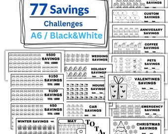 A6 Savings Challenge Bundle: 77 Money Trackers (Digital Download)A6 Cash binder & Envelope,