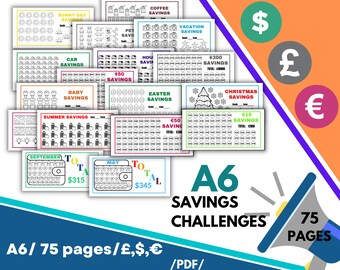 A6 Savings Challenges Bundle: 75 Printable Pages (Digital PDF)Cash binder & Envelope