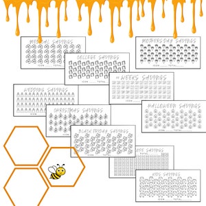 Op de afbeelding: Een printbare spaarplanner met een honingraat achtergrond en een bij-illustratie. De planner bevat categorie&euml;n voor medische, college, bruiloft, kerst, Black Friday, Halloween, Moederdag, 52 weken, touw en kinderbesparingen.