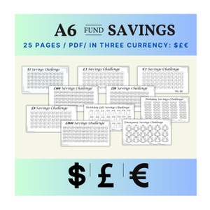 May include: A set of 25 printable A6 savings challenge pages in PDF format. The pages feature different savings challenges in US dollars, British pounds, and Euros. The challenges include saving £1, £5, £100, £1100, $1, $5, $100, $25, €1, and €100. The pages are designed to help people save money for specific goals, such as holidays, birthdays, or emergencies.