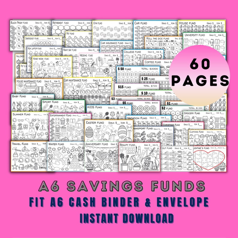 A6 Saving Funds, Printable A6 Saving challenge, A6 Cash binder & Envelope, A6 Saving Funds Bundle, 60 Pages, Digital Download PDF,6x3.5 inch 