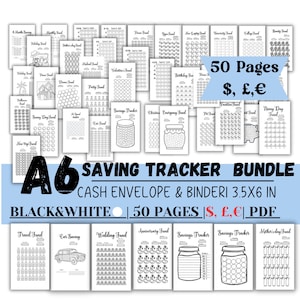 A6 Saving tracker bundle, Black&White Saving funds, Savings Challenge, Budget, Finance Planner, Digital GoodNotes, euro, pound.dollar