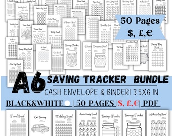 A6 Saving tracker bundle, Black&White Saving funds, Savings Challenge, Budget, Finance Planner, Digital GoodNotes, euro, pound.dollar